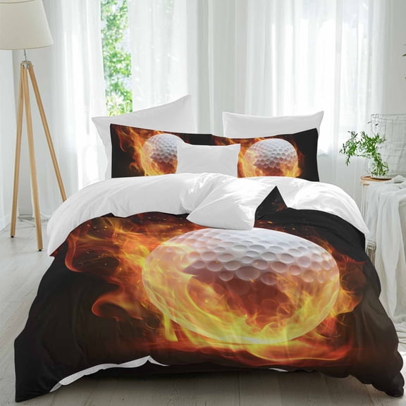 Flame Golf Ball Queen Size Comforter Set, Sports Black Background Abstract Art Bedding for All Seasons, 4 Pcs Bed Set, 1Quiltcover (90"x92") ,1Sheet(94"x116"), 2Pillowcases (30"x20")