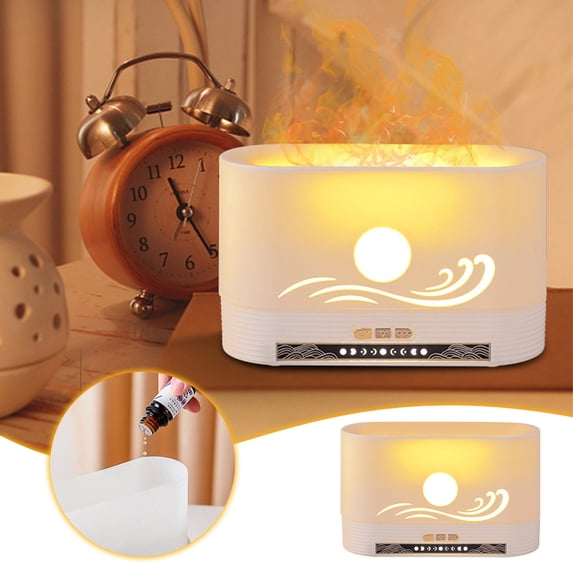 Flame Humidifier with LED Night Light & Aromatherapy - USB-Powered Mist Diffuser for Home - Remote Control, 250ml Tank, Auto Shut-Off (7.2"x4.5", Blue Flame Effect) white