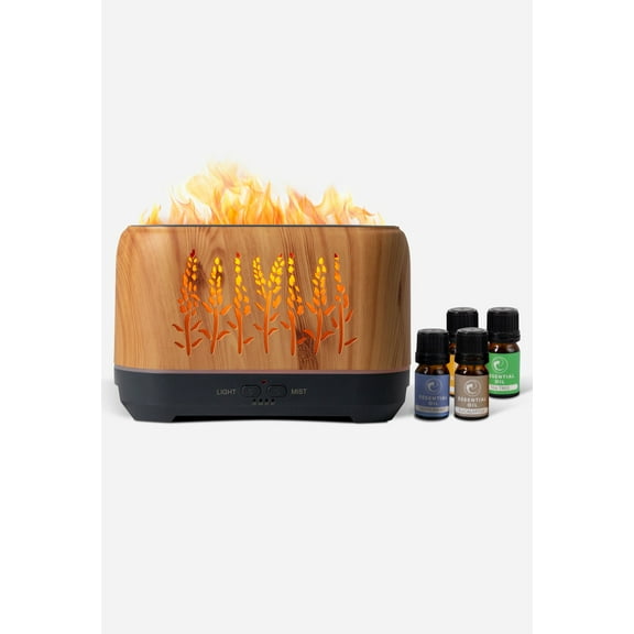 Flame Humidifier & Oil Diffuser with 4 Essential Oil Bottles