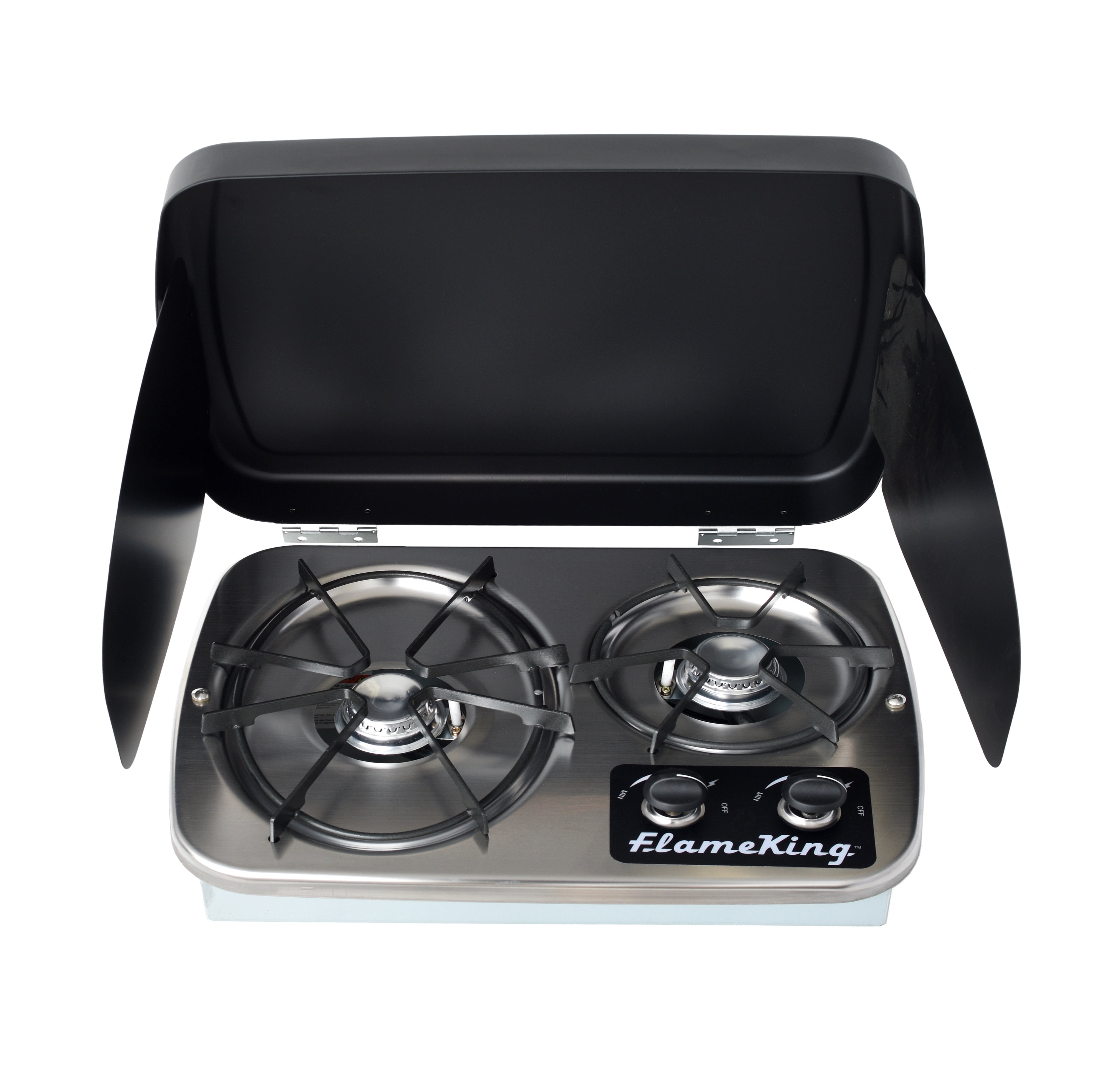 Flame King 2-Burner Built-in RV Cooktop Propane Camping Stove, Self-Igniting, Cover Included Flame King 2-Burner Built-in RV Cooktop Propane Camping Stove, Self-Igniting, Cover Included