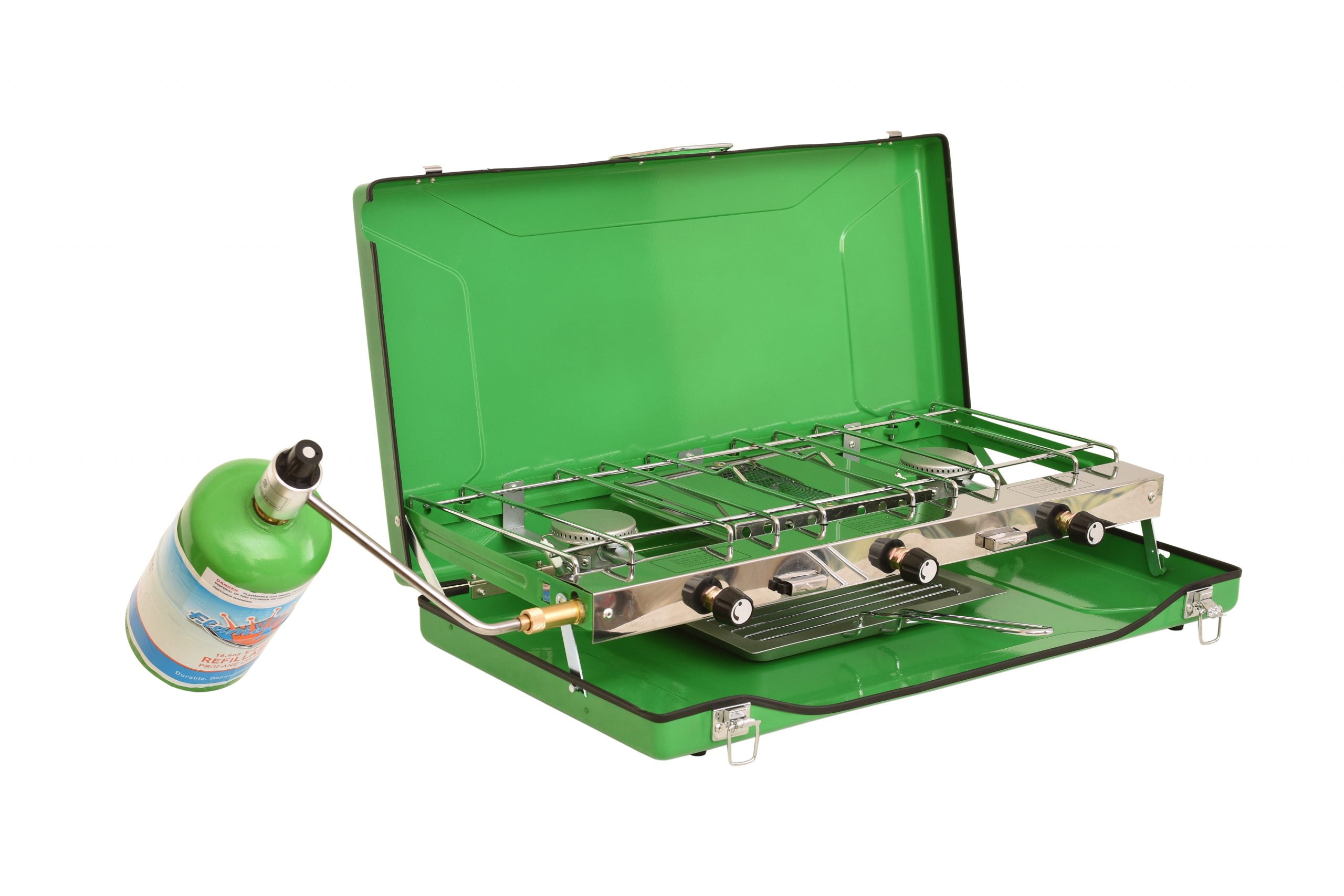 Green 3-Burner Portable Gas Camping Stove with Toast Tray