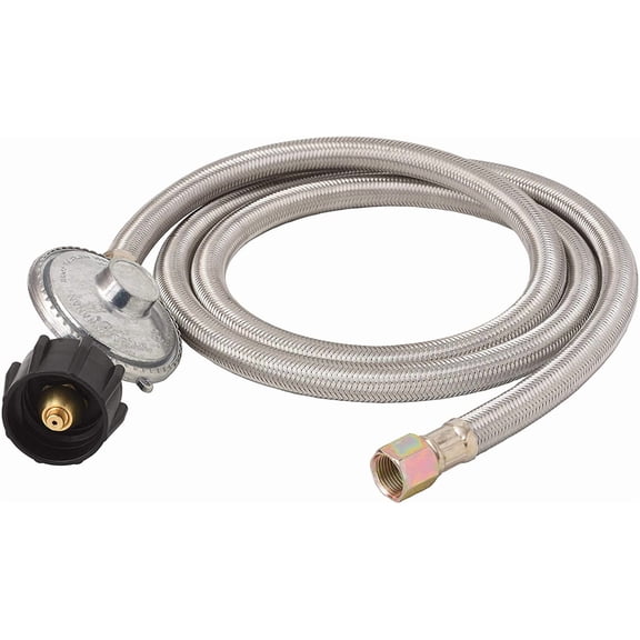 Flame King 5-FT Universal QCC1 Low-Pressure Propane Regulator with Stainless Steel Braided Hose for Most LP Gas Grills, Heaters, and Fire Pit Tables, 3/8" Female Flare Nut