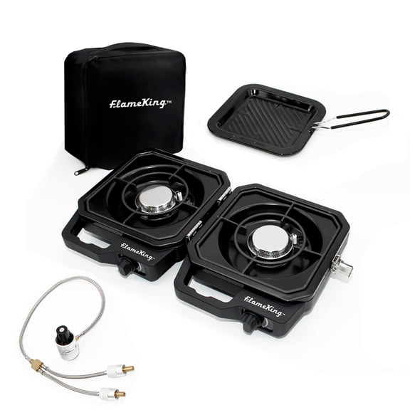 Flame King Campact Cooker, Dual Burner Propane Camping Stove with Detachable Grill, Portable Foldable Stove 12,000 BTU, for Camping, Patio, Black