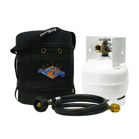Flame King Gas Hauler Kit - Insulated Protective Carry Case, 3lb Propane Tank and Adapter Hose for Camping and Outdoor Adventures, Black/White