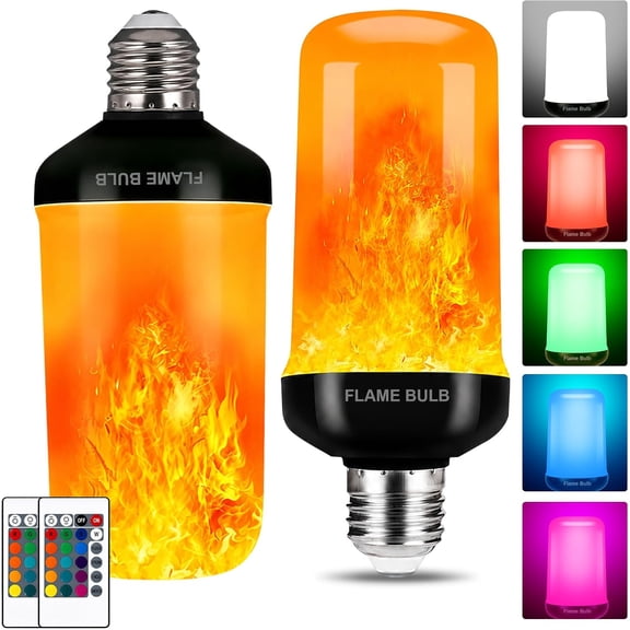 Flame Light Bulb with Remote, RGB LED Flickering Fire Effect Bulb 16 Colors, 4 Modes Flash Fade Strobe Smooth, Dimmable E26/E27 Flame Bulb for Halloween Christmas Party Patio Decor (2 Pack)