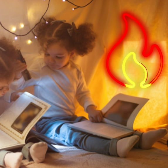 Flame Neon Sign, Flame Led Light Sign for Wall Decor, Hanging Flame Shaped Light, USB or Battery Powered Fire Neon Sign for Kids Boys Room Decorations, Party, Bar, Birthday Gift Red + Yellow