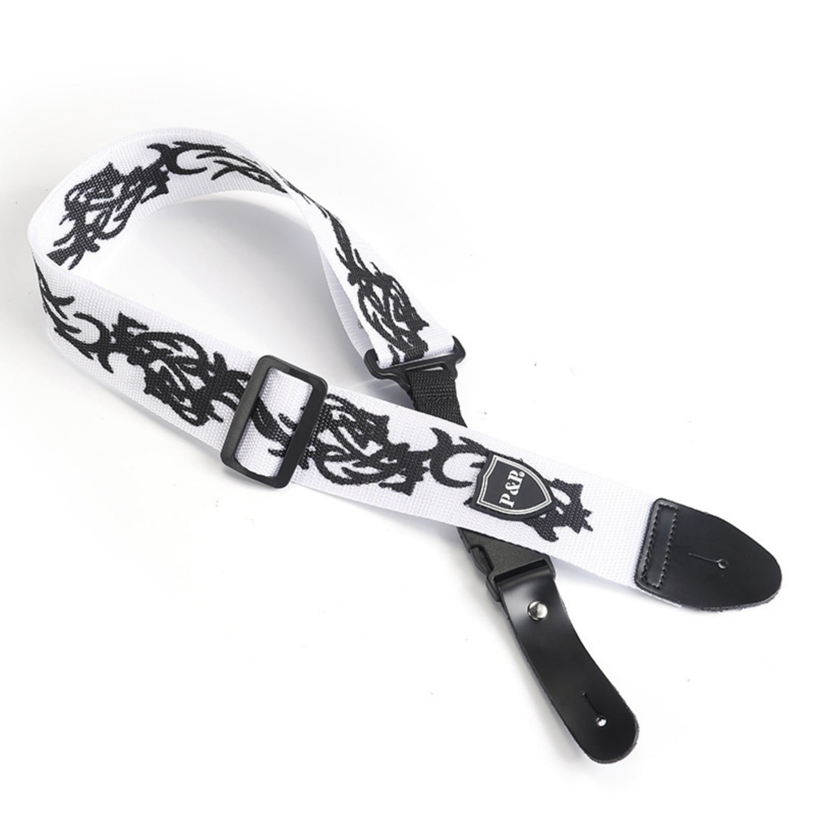 Flame Pattern Adjustable Guitar Strap for Acoustic Electric Bass & Ukulele, Canvas Shoulder Strap with PU Leather Ends