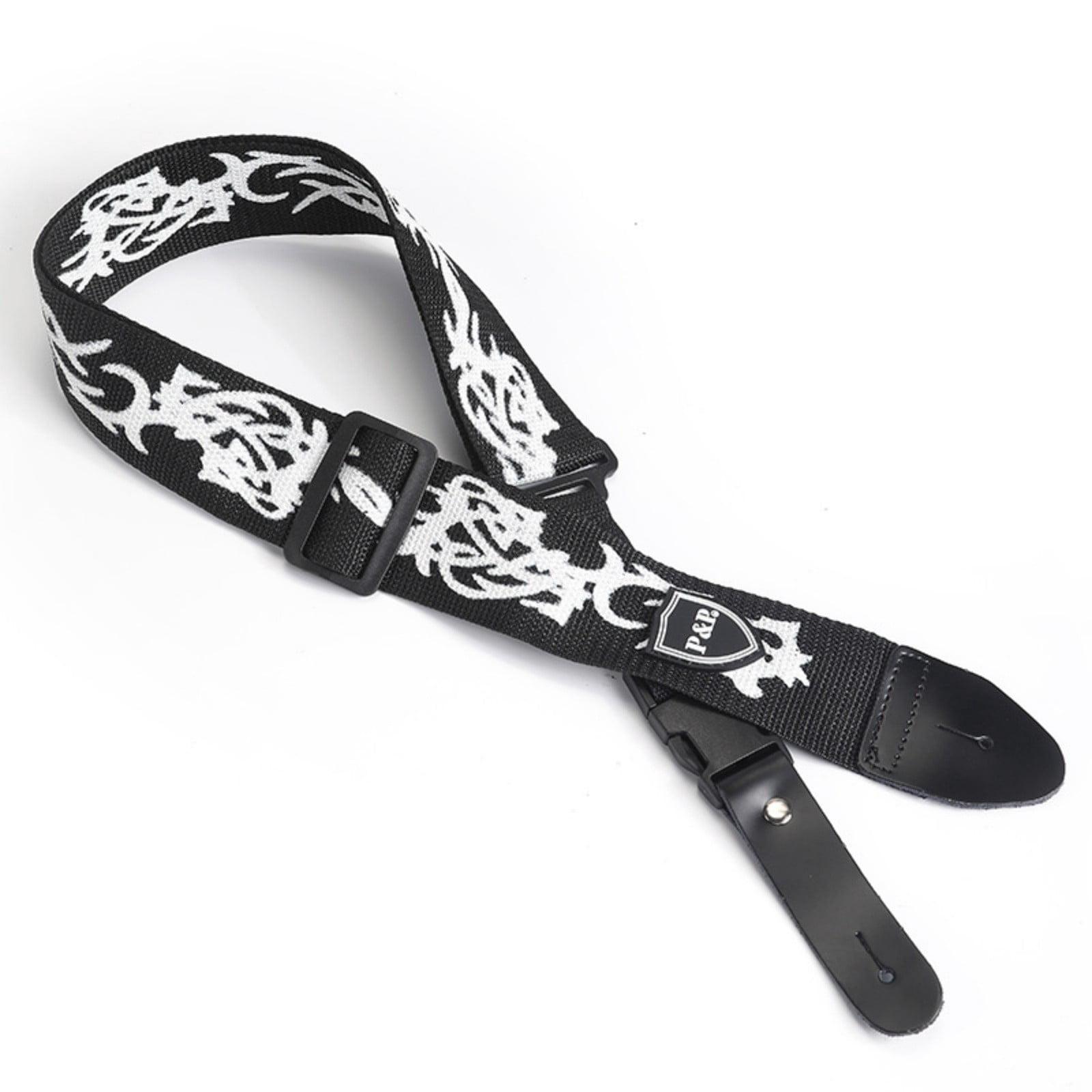 Flame Pattern Adjustable Guitar Strap for Acoustic Electric Bass & Ukulele, Canvas Shoulder Strap with PU Leather Ends