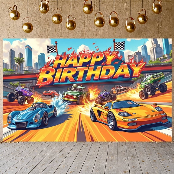 Flame Pattern Banner Colorful Cars Birthday Backdrop Racing Style Cartoon Style Car Themed Background for Kids Birthday Party Racing Theme Party Birthday Photo Shoot