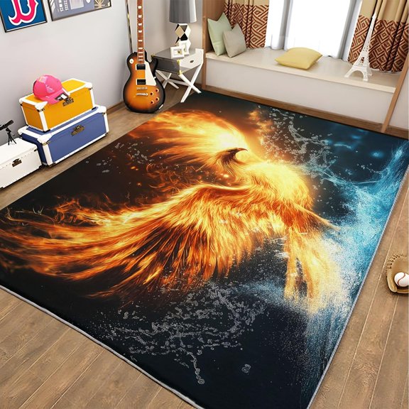 Flame Phoenix Area Rugs, Fire Bird Carpet, Washable Non Slip Low Pile Soft Rug for Living Room Bedroom Dining Room Home Office Decor Mat 5x8ft