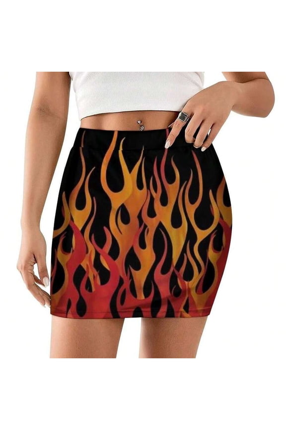 Flame Print Bodycon Mini Skirt Multicolor Womens Casual Streetwear