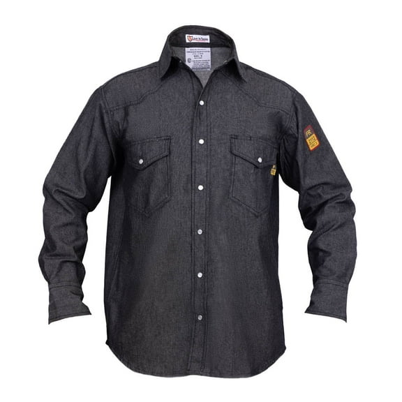 Flame Resistant Welding FR Denim Shirt - 100% C - Light Weight - 7 oz (Large, Denim Black)