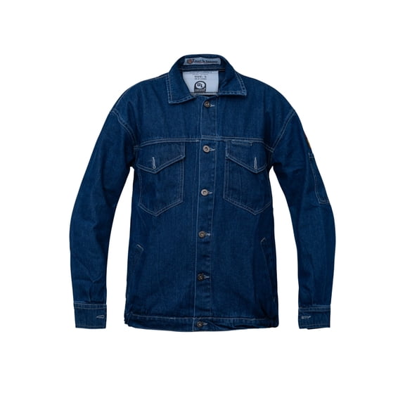 Flame Resistant FR Designer Denim Jeans Bomber Jacket - 100% Cotton Denim Jeans - 11 oz - Blue Denim - Small
