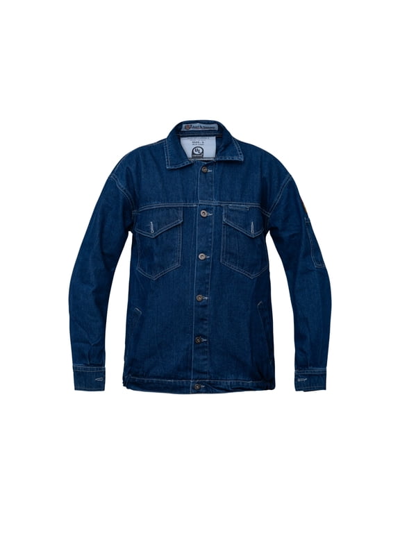 Flame Resistant FR Designer Denim Jeans Bomber Jacket - 100% Cotton Denim Jeans - 11 oz - Blue Denim - Small