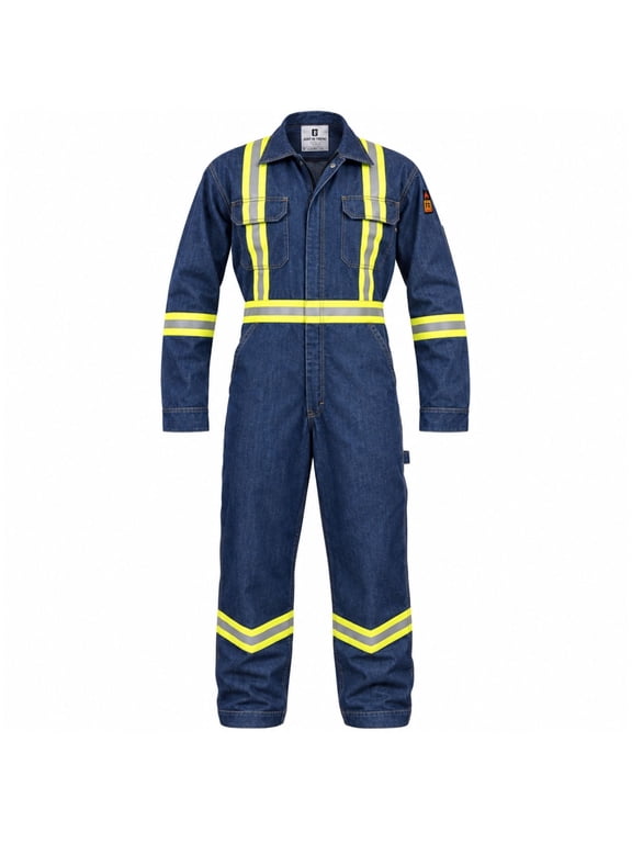 Flame Resistant FR High Visibility Hi Vis Coverall - 100% Cotton Denim (Large, Blue Denim)