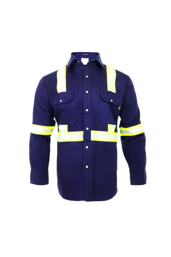 Flame Resistant FR High Visibility Hi Vis Shirt - 88% C/12% N - 7oz (Large, Navy Blue)