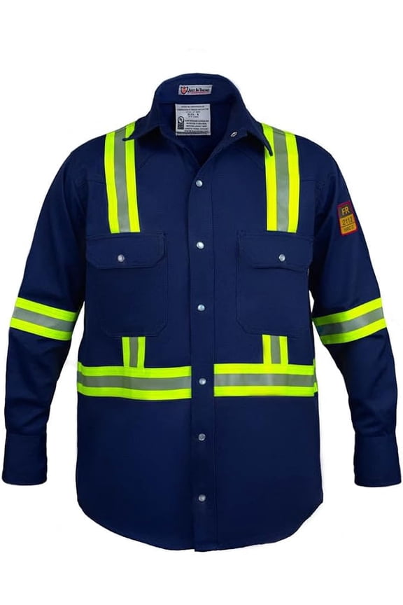 Flame Resistant FR High Visibility Hi Vis Shirt - 88% C/12% N - 7oz (Large, Navy Blue)