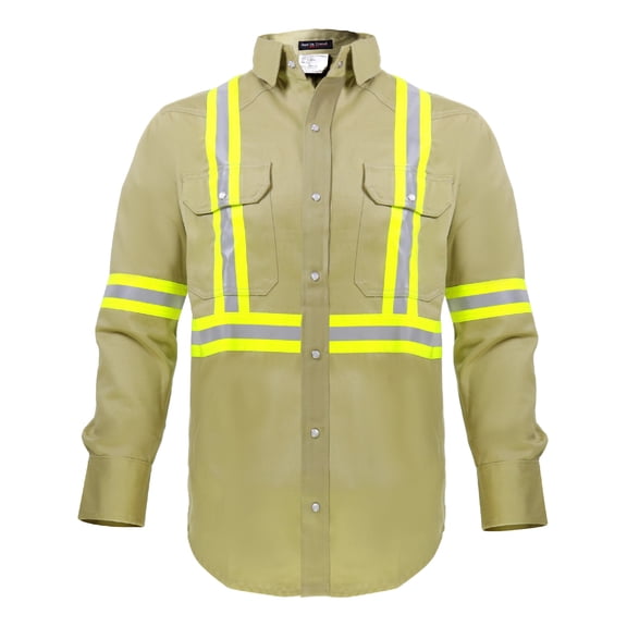 Flame Resistant FR High Visibility Hi Vis Shirt - 88% C/12% N - 7oz (Medium, Khaki)