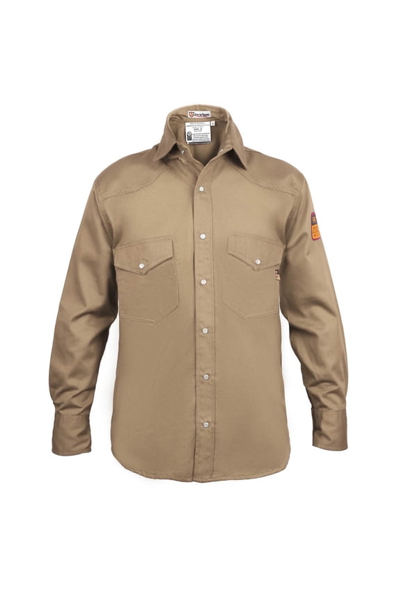 Flame Resistant Welding Shirt, 100% Cotton, Lightweight 7 oz, Large, Khaki, NFPA 2112 / HRC 2
