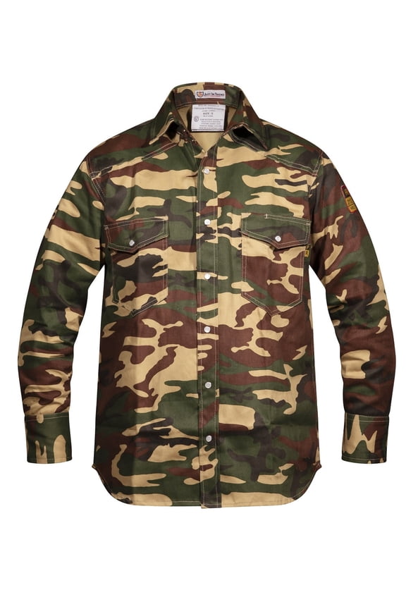 Flame Resistant Welding FR Shirt - 100% C - Light Weight - 7 oz (Large, Military Camouflage)