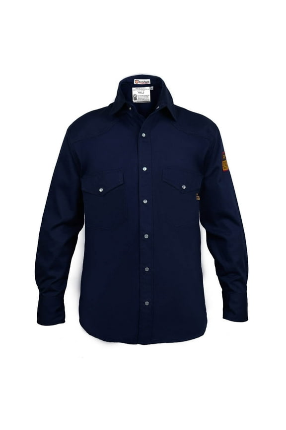 Flame Resistant Welding FR Shirt - 100% C - Light Weight - 7 oz (Small, Navy Blue)