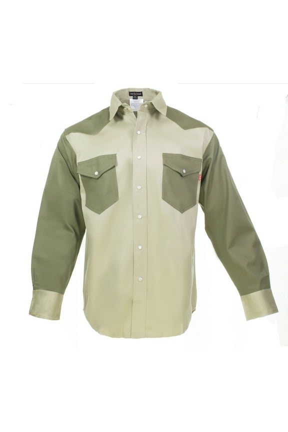 Flame Resistant FR Shirt – 88/12 Cotton Nylon blend – 7 oz twill - Western Style - 2 tone (Khaki/Army Green - XL)