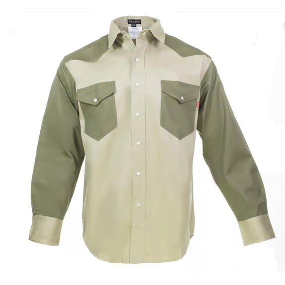 Flame Resistant FR Shirt 88/12 Cotton Nylon blend 7 oz twill - Western Style - 2 tone (Khaki/Army Green - XL)