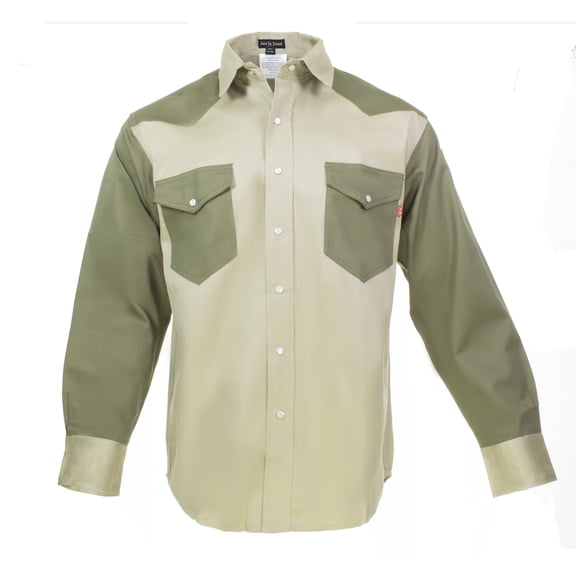 Flame Resistant FR Shirt 88/12 Cotton Nylon blend 7 oz twill - Western Style - 2 tone (Khaki/Army Green - XL)