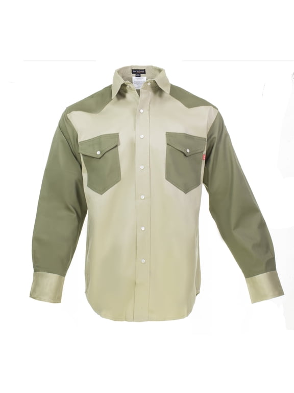 Flame Resistant FR Shirt 88/12 Cotton Nylon blend 7 oz twill - Western Style - 2 tone (Khaki/Army Green - XL)
