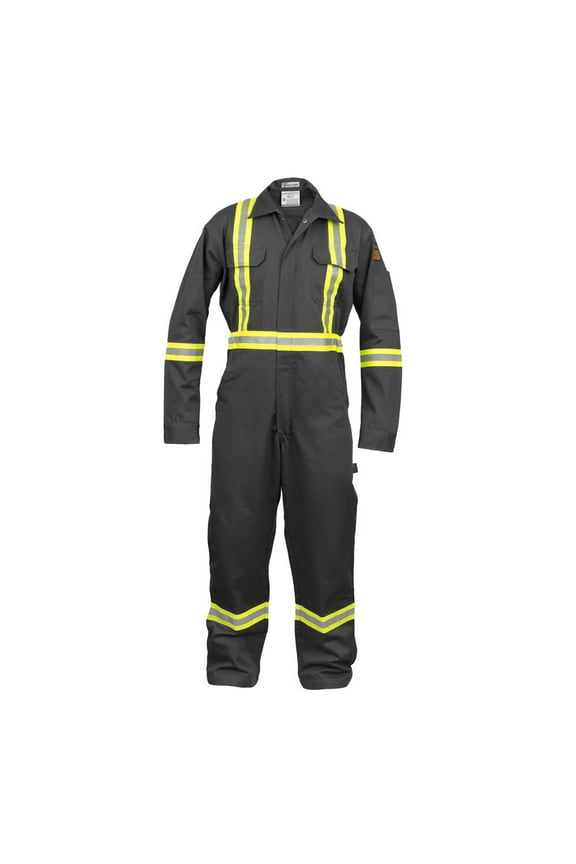 Flame Resistant Hi Vis Reflective Coverall with Leg Zipper (Large, Dark Gray)