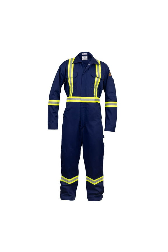 Flame Resistant Hi Vis Reflective Coverall with Leg Zipper (Medium, Navy Blue)
