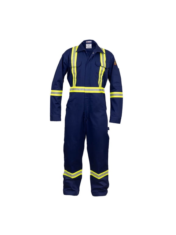 Flame Resistant Hi Vis Reflective Coverall with Leg Zipper (Medium, Navy Blue)