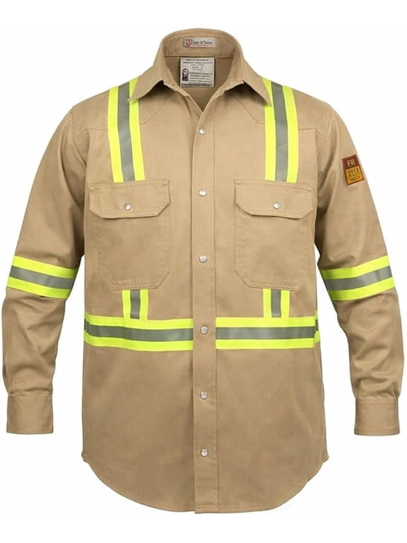 Flame Resistant High Visibility Hi Vis FR Shirt - 100% C - 7 oz (Medium, Khaki)