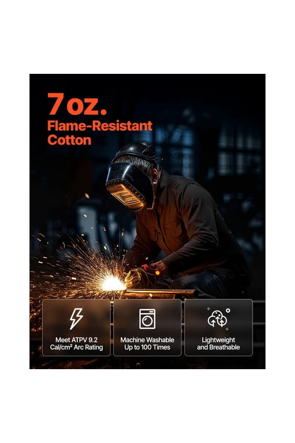 Flame Resistant Welding Jacket Mens 7oz Cotton FR Shirt Machine Washable ATPV 9.2 Cal cm2 Arc Rated Size L