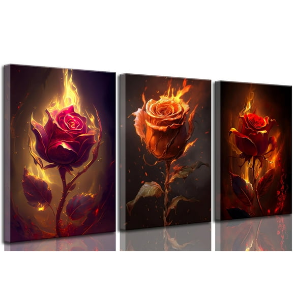 Flame Rose Canvas Wall Art Modern Abstract Romantic Fiery Red Rose Flower Burning Love Painting Picture Wall Decor Poster Print Printing for Living Room Bedroom Bathroom Decoration C85