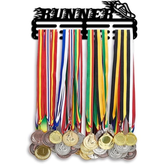 Flame Running Medal Hanger Display Wall Mount Hanger Decor Trophy Shelf Tiered Award Rack Award Ribbon Hanger with Box Medal Holder for Over 50 Medals Necklace Jewelry 15.75 Inch Black