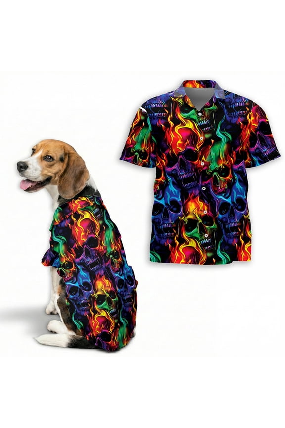 Flame Skull Hawaiian Shirt, Skull and Fire Button Down Shirt for Adults or Dogs, Cuban Collar, Short Sleeve Polyester Summer Shirt