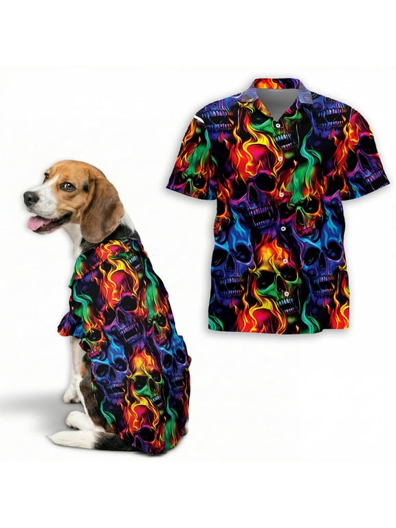 Flame Skull Hawaiian Shirt, Skull and Fire Button Down Shirt for Adults or Dogs, Cuban Collar, Short Sleeve Polyester Summer Shirt