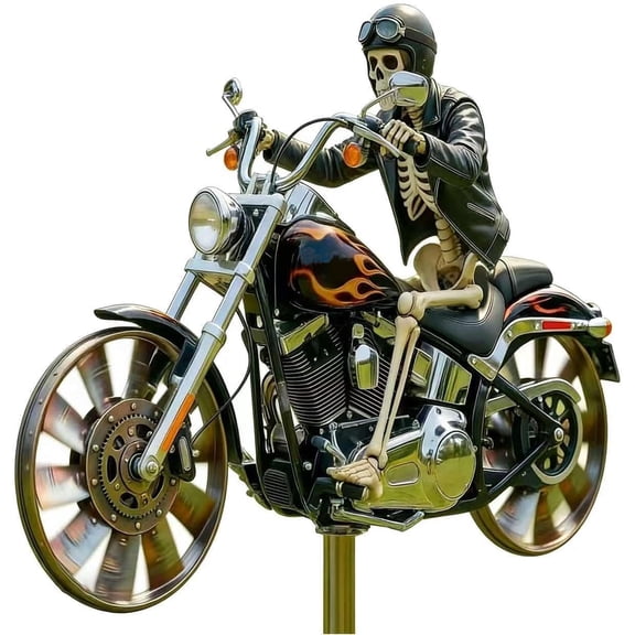 Flame Skull Motorcycle Wind Spinner 2D, Rotating Wheels for Patio Yard Garden, Unique Outdoor Kinetic Sculpture Ornament Gift for Friends Family