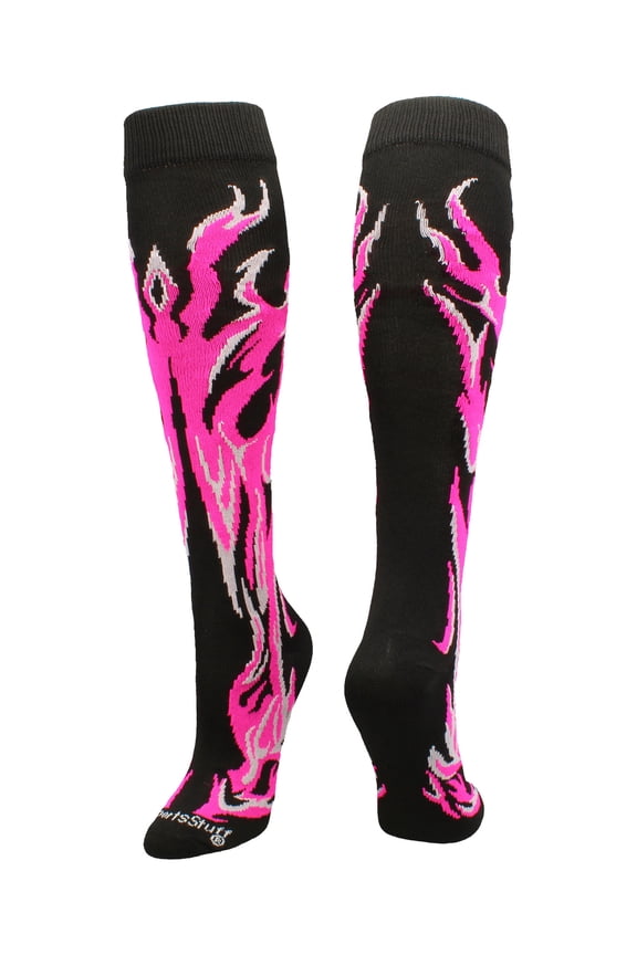 Black/Neon Pink Over-the-Calf Flame Socks – Kids & Youth Athletic Socks for Sports Teams – Fun Fire Design, Moisture-Wicking, Compression Support – Large