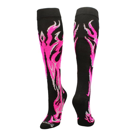 MadSportsStuff Flame & Fire Over-the-Calf Socks for Kids – Black/Neon Pink/Pale Pink, Large