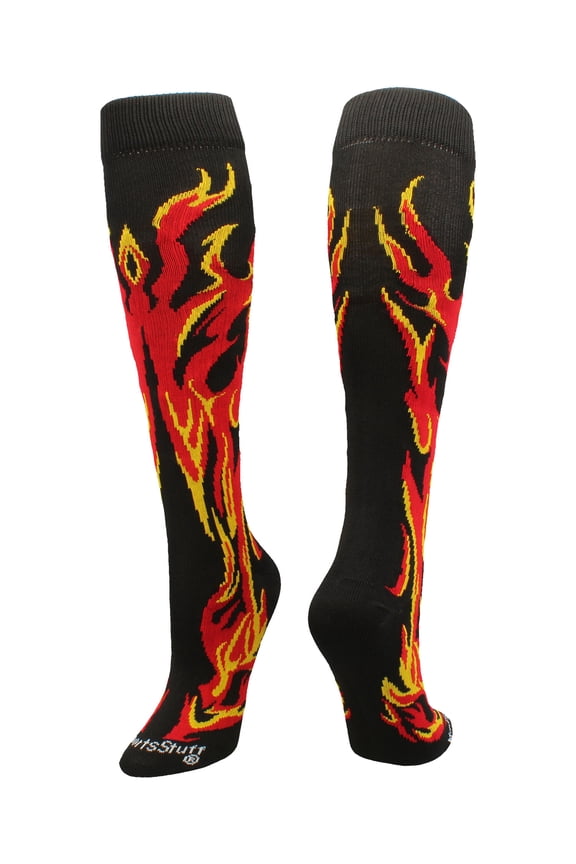 Black/Red/Gold Over-the-Calf Flame Socks – Kids & Youth Athletic Socks for Sports Teams – Fun Fire Design, Moisture-Wicking, Compression Support – Medium