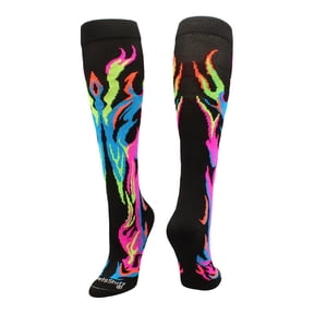 MadSportsStuff Flame & Fire Over-the-Calf Socks for Kids – Multi-Neon/Black, Large