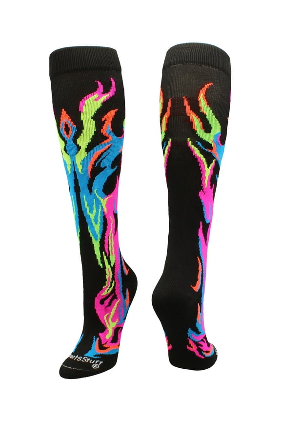 Black/Multi-Neon Over-the-Calf Flame Socks – Kids & Youth Athletic Socks for Sports Teams – Fun Fire Design, Moisture-Wicking, Compression Support – Medium