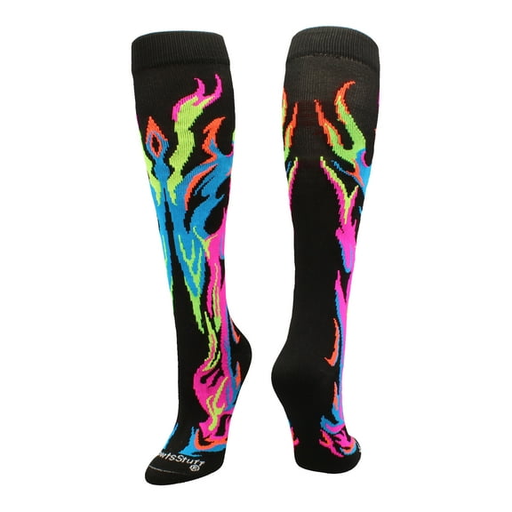 Black/Multi-Neon Over-the-Calf Flame Socks – Kids & Youth Athletic Socks for Sports Teams – Fun Fire Design, Moisture-Wicking, Compression Support – Small