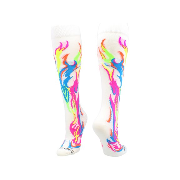 MadSportsStuff Flame & Fire Over-the-Calf Socks for Kids – Multi-Neon/White, Large