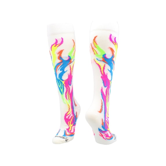 MadSportsStuff Flame & Fire Over-the-Calf Socks for Kids – Multi-Neon/White, Large