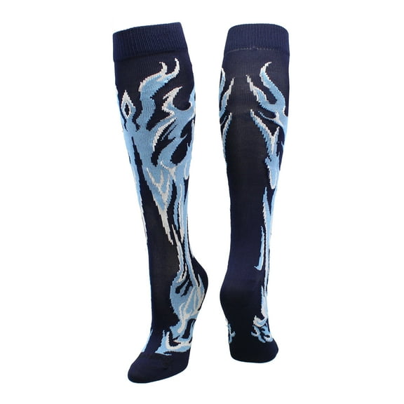 Navy/Columbia Blue/White Over-the-Calf Flame Socks – Kids & Youth Athletic Socks for Sports Teams – Fun Fire Design, Moisture-Wicking, Compression Support – Medium