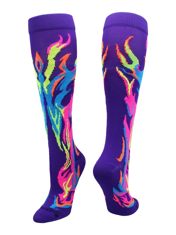 Flame & Fire Over-the-Calf Socks for Kids – Purple/Multi-Neon, Small