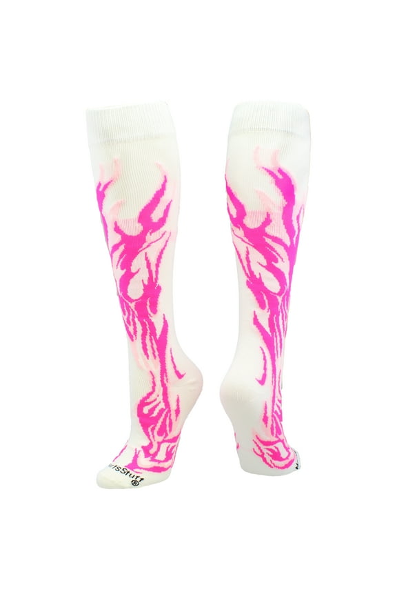 White/Neon Pink/Pale Pink Over-the-Calf Flame Socks – Kids & Youth Athletic Socks for Sports Teams – Fun Fire Design, Moisture-Wicking, Compression Support – Medium